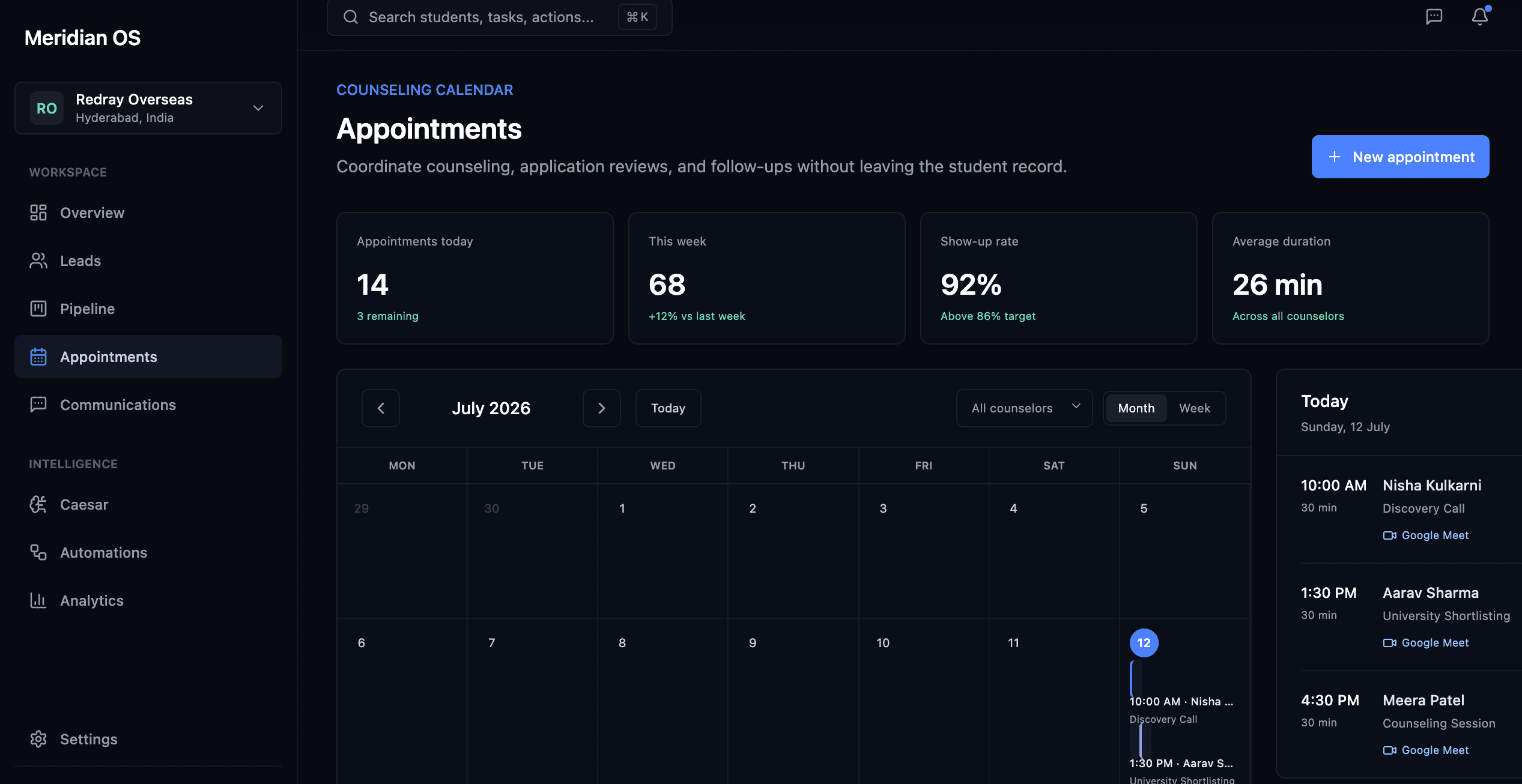 Meridian OS appointments calendar and scheduling workspace